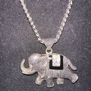 Silver toned elephant chain necklace rhinestones matching earrings